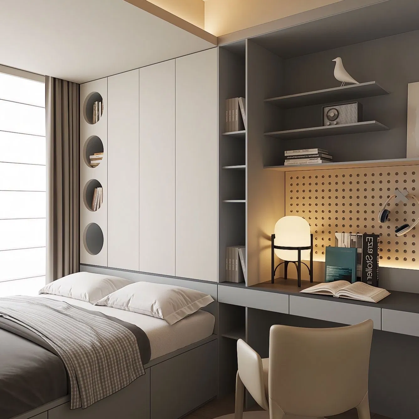 Residential Bedroom Boy's Room Blue Storage with Desk Log Simple Style Wooden Frame Natural Material Comfortable Custom Design Wooden Tatami Bed