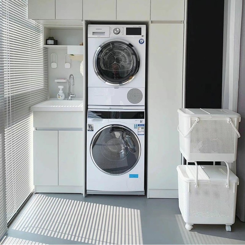 Foshan Furniture Transitional Gray Floor Laundry Room Design Modern Furniture White High Gloss Lacquer Washer Dryer Aluminum Cabinets