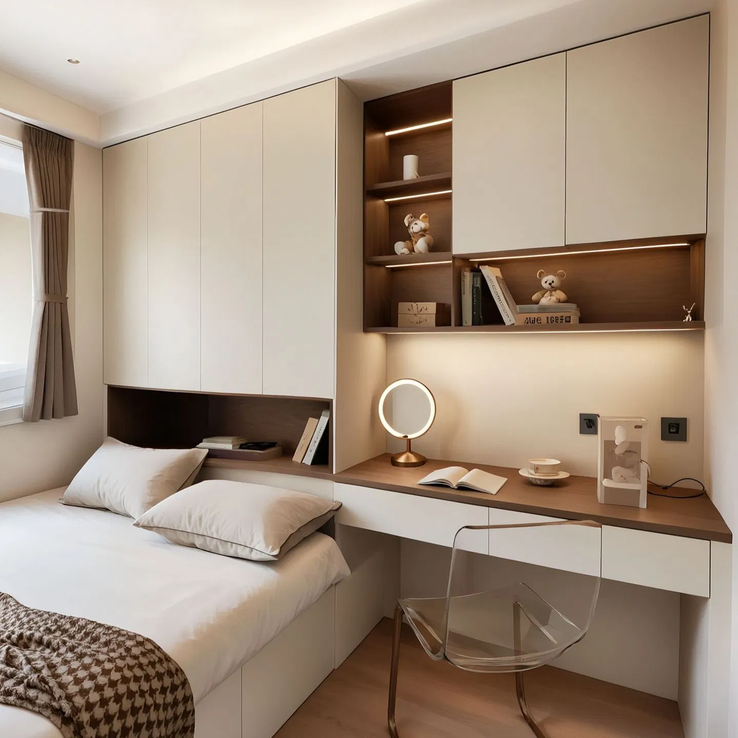 Residential Bedroom Wardrobe with Desk Integrated Space, Use Large-Capacity Storage Space with a Sense of Design to Customize Wooden Tatami Bed