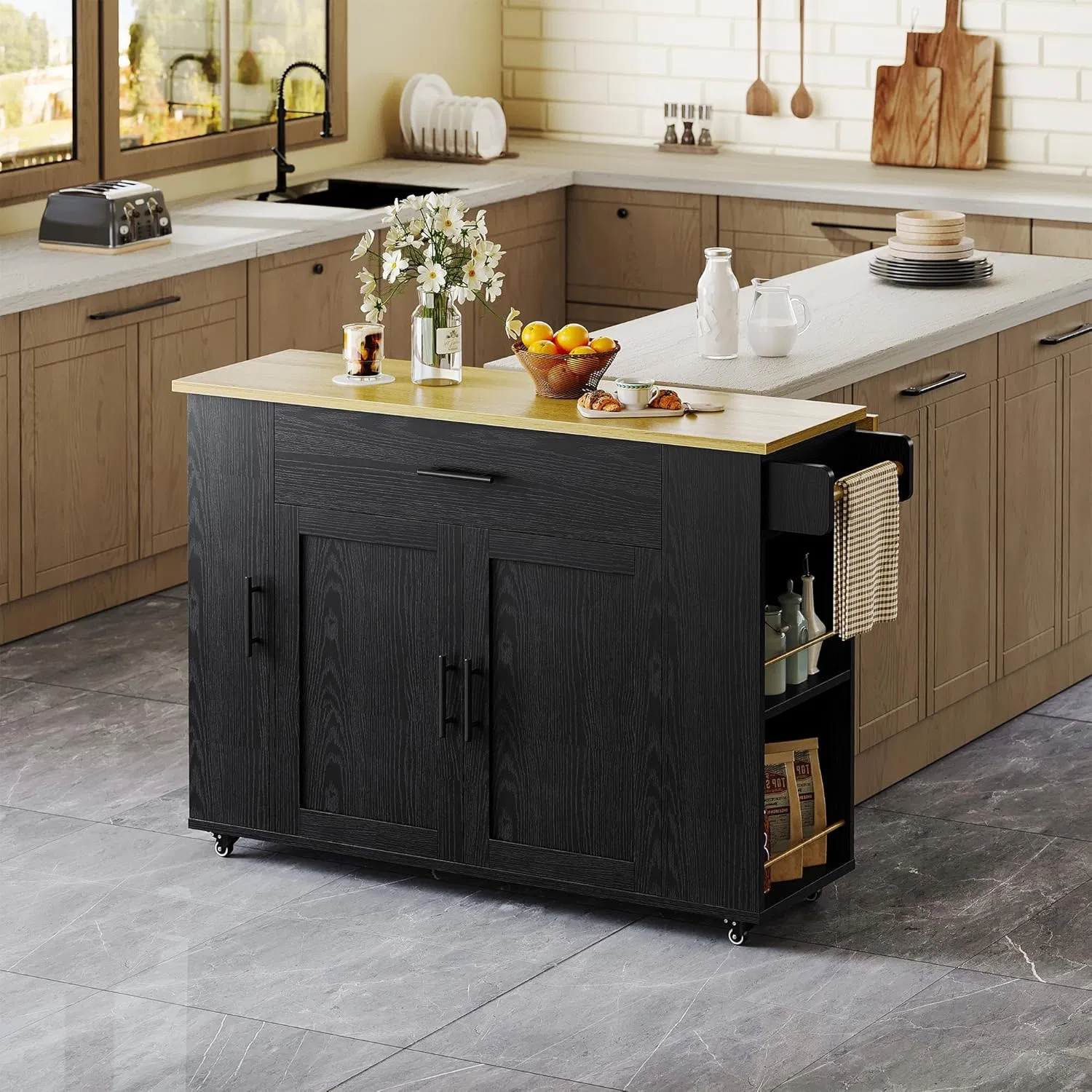 Rolling Coffee Bar Station Serving Cart Black Finish with Gold Accents and Side Storage Shelves Kitchen Island