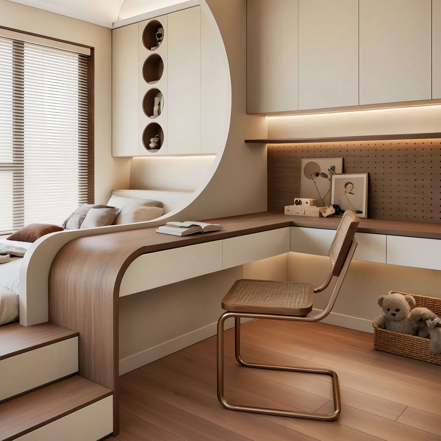 Residential Bedroom Wardrobe with Desk Integrated Space, Use Large-Capacity Storage Space with a Sense of Design to Customize Wooden Tatami Bed