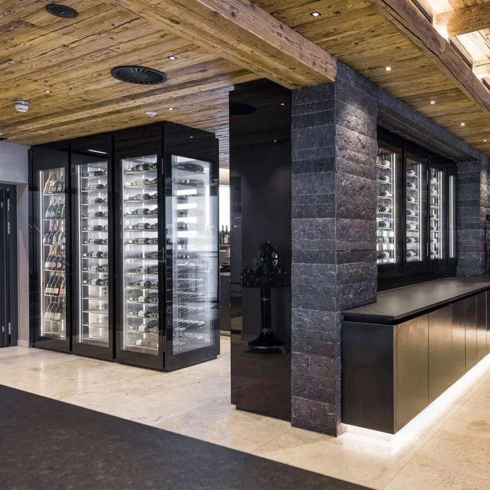 Royal Metal Industrial-Style Black Metal &amp; Glass Wine Cooler Cabinet with Bar Counter
