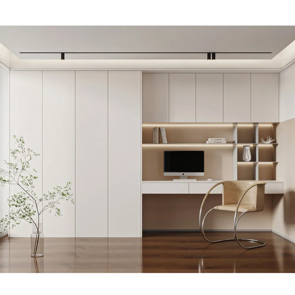 Modern White Study Room Pet Door Panel Bookcase Glass Door LED Light Strip