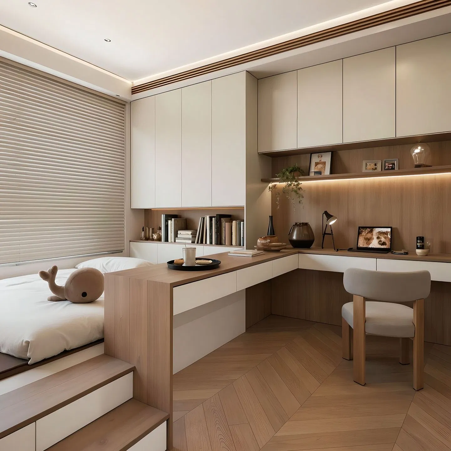 Light Coffee Color, Large-Capacity Storage Space with a Sense of Design, Customized Wooden Tatami Bed