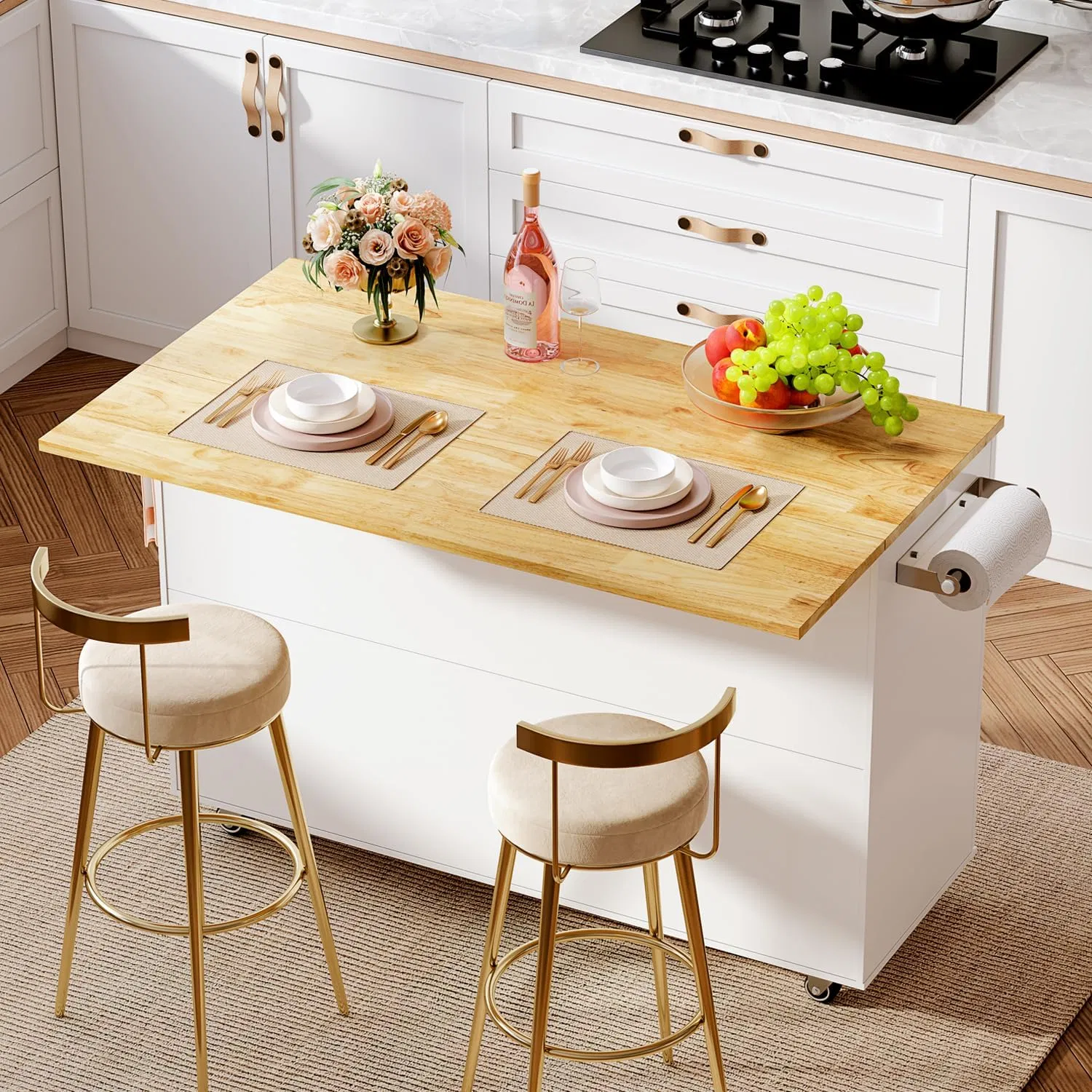 Modern White Kitchen Island Cart with Wheels and Storage Wooden Top Mobile Kitchen Cart