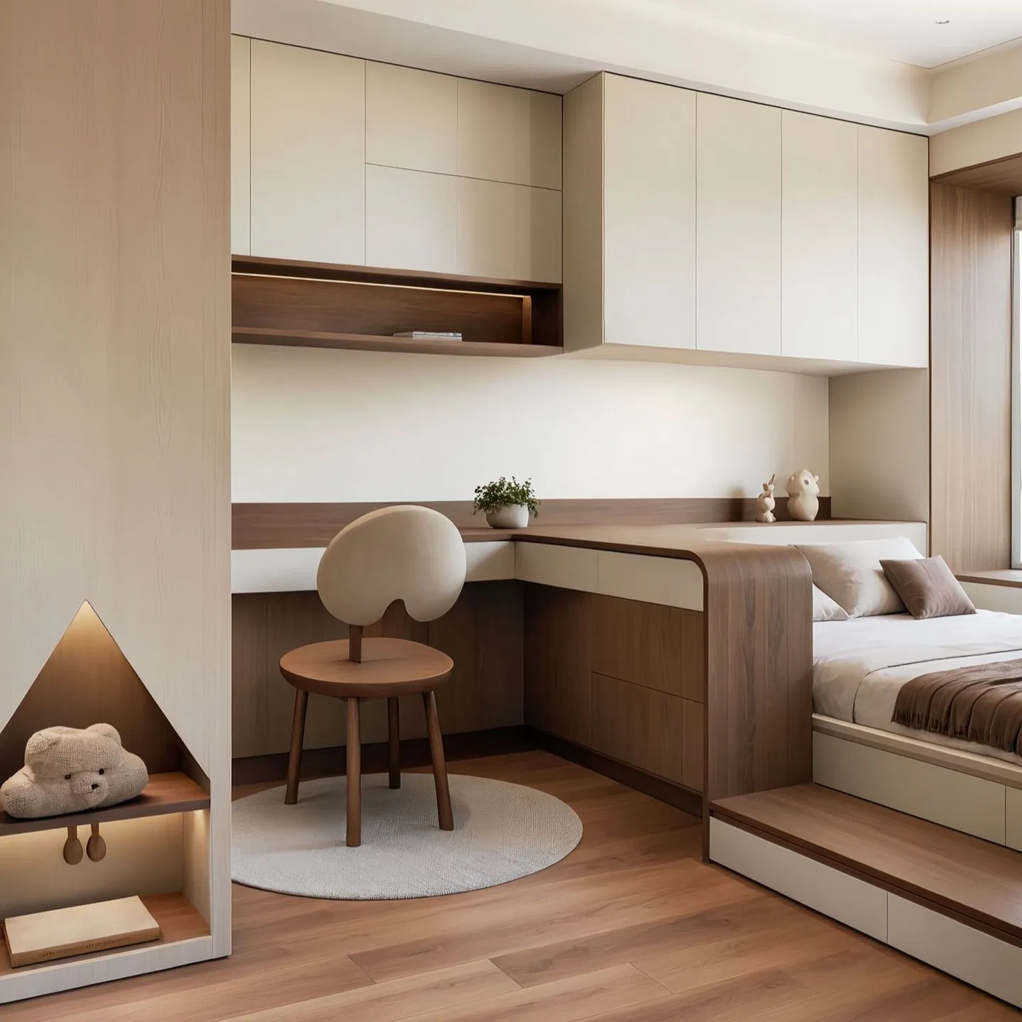 Residential Bedroom Wardrobe with Desk Integrated Space, Use Large-Capacity Storage Space with a Sense of Design to Customize Wooden Tatami Bed