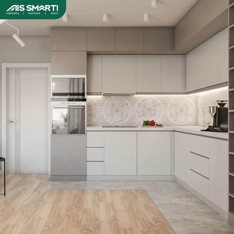 White Lacquer L Shape Kitchen Cabinet