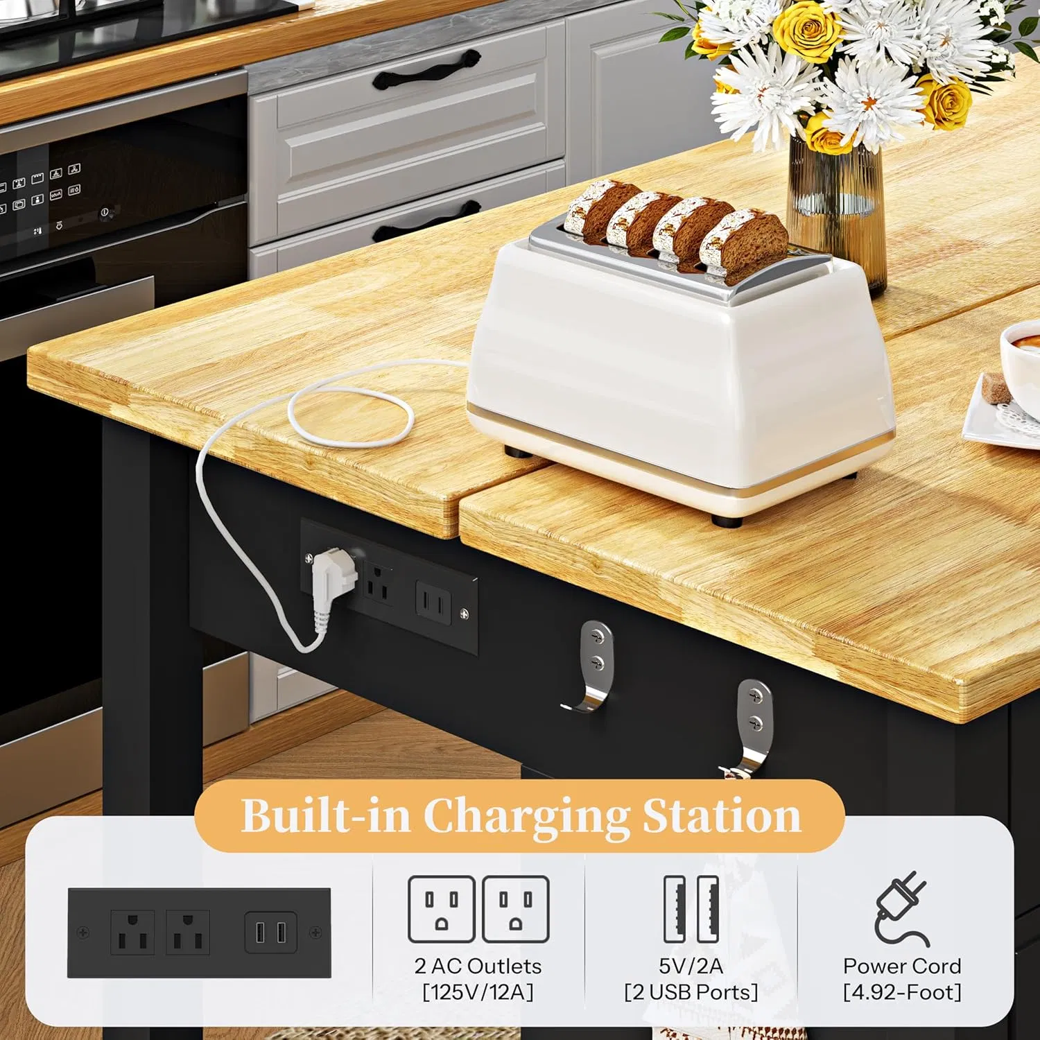 Industrial Style Freestanding Kitchen Center Island with Garbage Can Cabinet and Open Appliance Storage Shelf