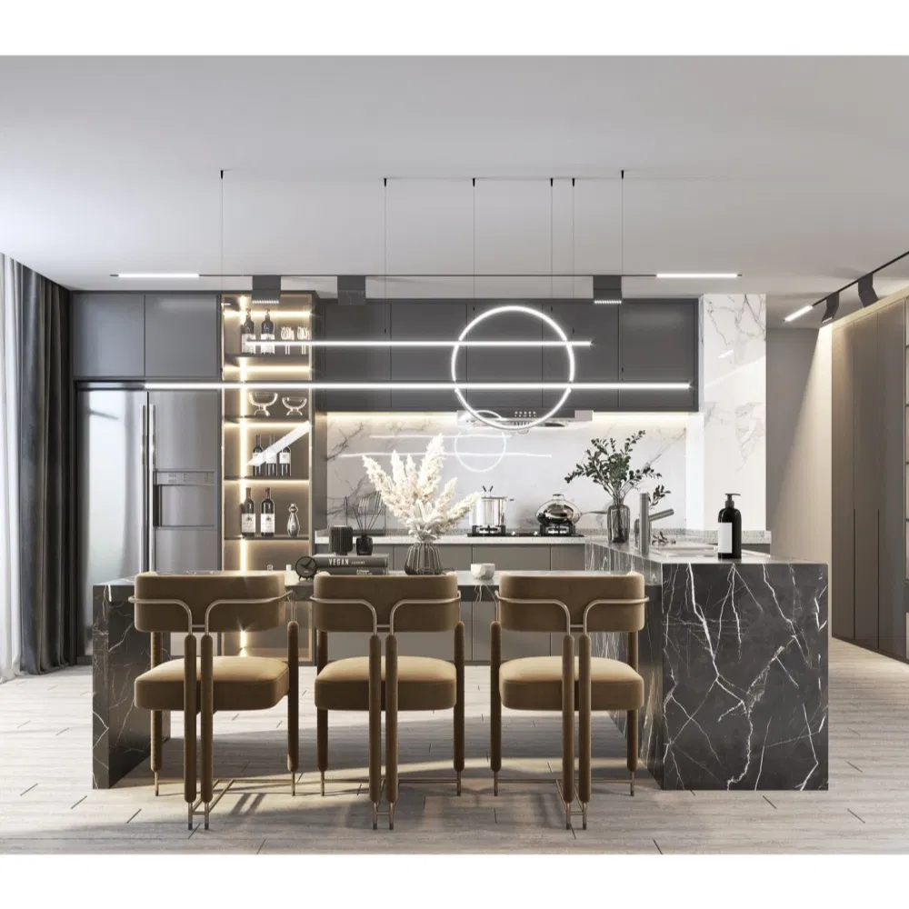 Modern Buffet Sideboard with Glass Doors LED Light Strip Storage Cabinet