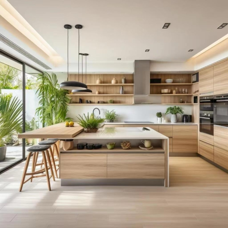 Custom Modern Kitchen Cabinets Wooden Kitchen Cupboards with Modular Island Storage Pantry Cabinet and Quartz Countertop