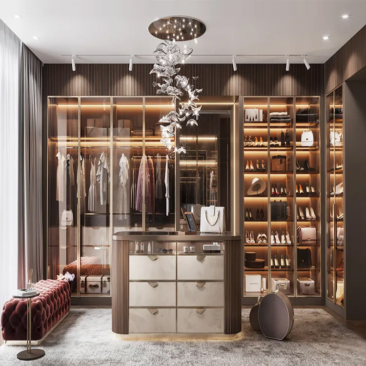 Customized Built in Storage Closets Furniture Systems Design Modern Bedroom Aluminum Frame Glass Door Walkin Wardrobe Closet Set for Sale