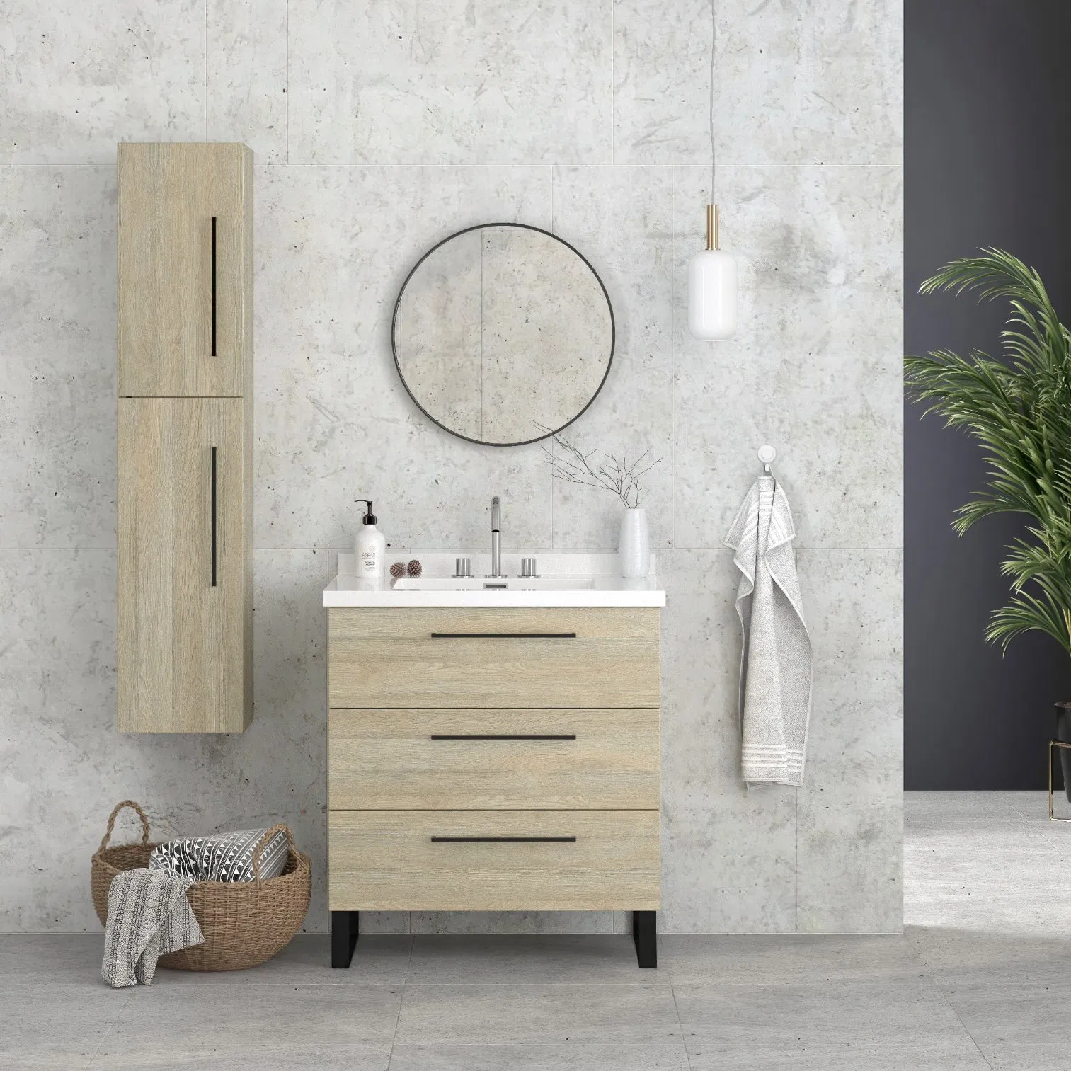 600mm Oak Effect Small Compact Freestanding Bathroom Vanity Cabinet with Sink and Mirror 2 Drawers