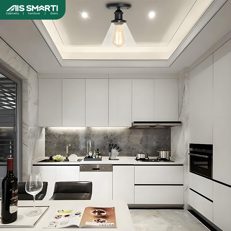 AIS 2025 Modural High Beige Gloss Kitchen Furniture Modern Solid Wood Veneer Kitchen Cabinet Sets with Island