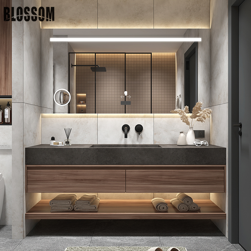 Modern Freestanding Vanity with Wooden Sintered Stone Sink Cabinet and Mirror