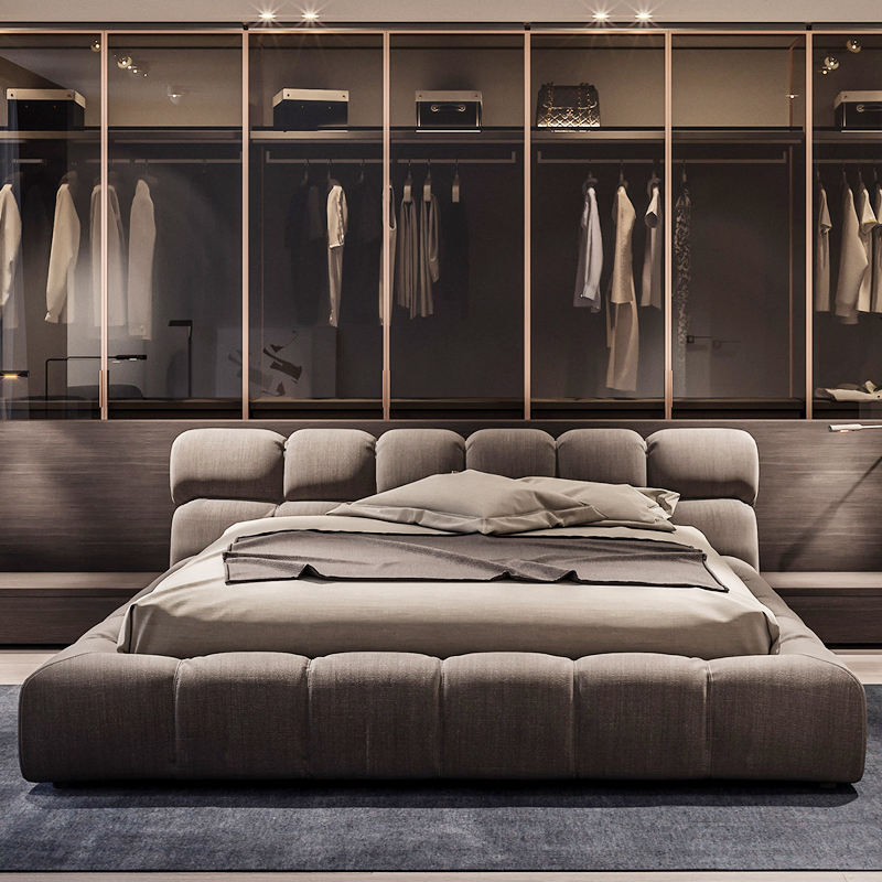 Upholstered Platform Bed Base Modern Hotel Linen Fabric Carton Storage Soft Bed Bedroom Slipcovered Tatami Tuffed Low King Size