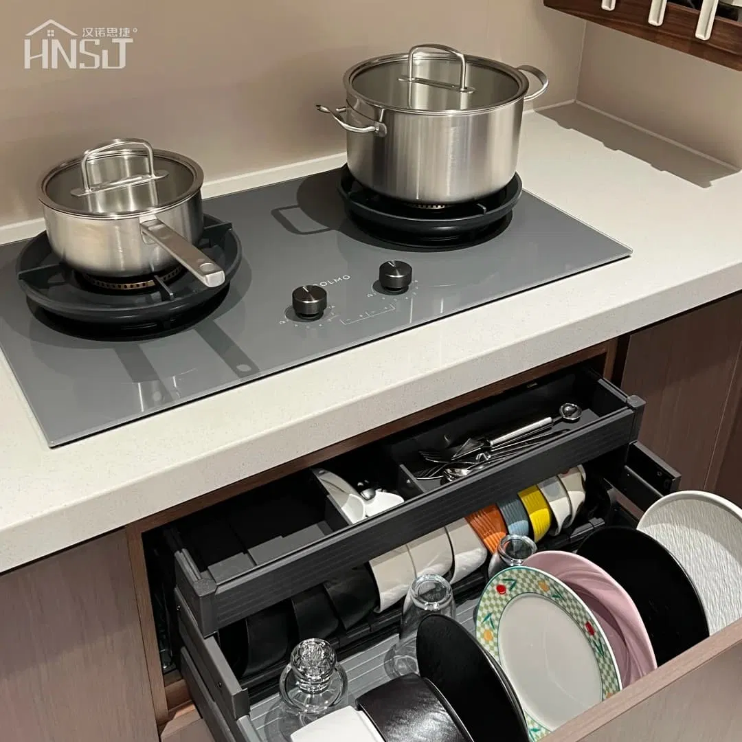 Luxury Style Plywood with Marble Countertop Black Modular Pantry Storage Kitchen Cabinet Aluminium/Popular/Frameless