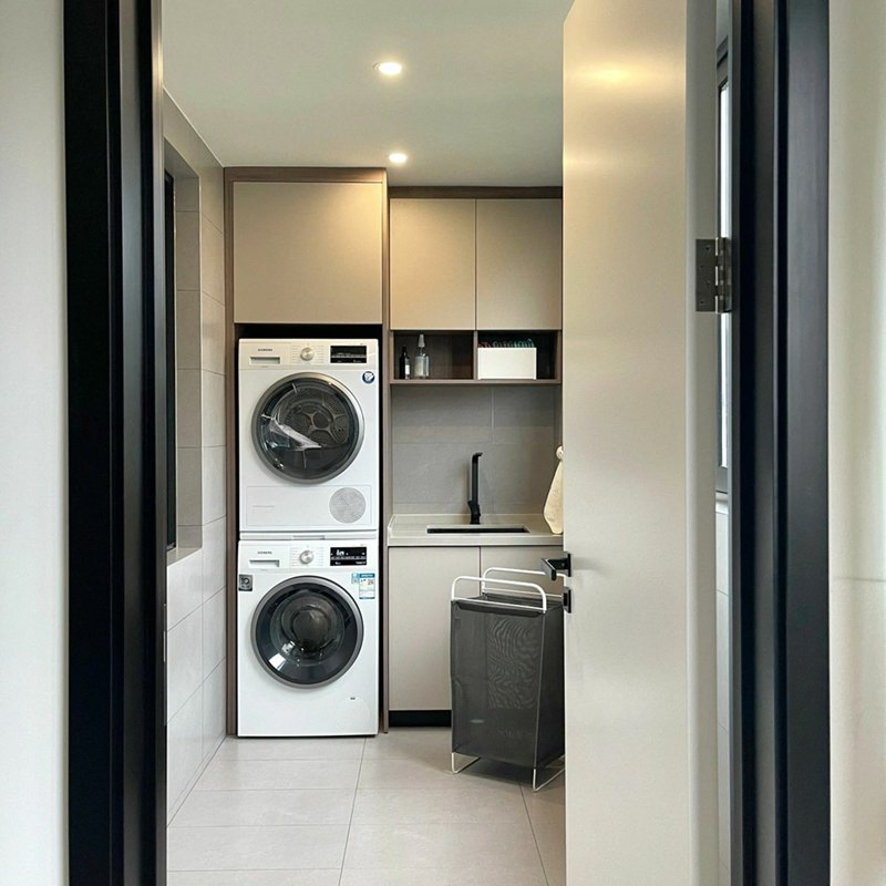 Foshan Furniture Transitional Gray Floor Laundry Room Design Modern Furniture White High Gloss Lacquer Washer Dryer Aluminum Cabinets