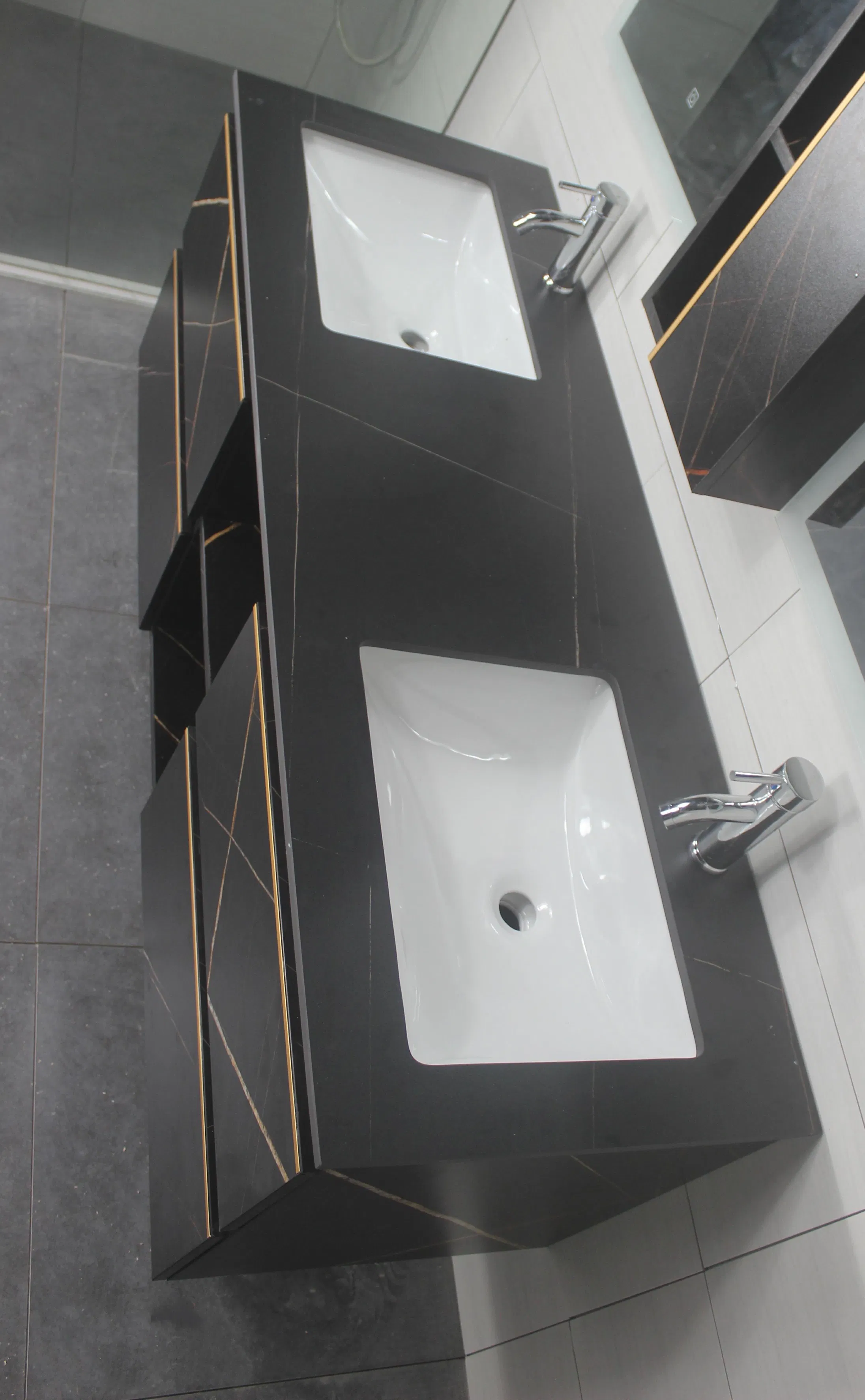 2024 New Arrival Modern Gray Sintered Stone Bathroom Vanity LED Mirror Cabinet Combo