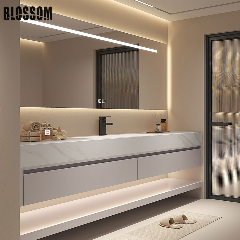 Modern Freestanding Vanity with Wooden Sintered Stone Sink Cabinet and Mirror