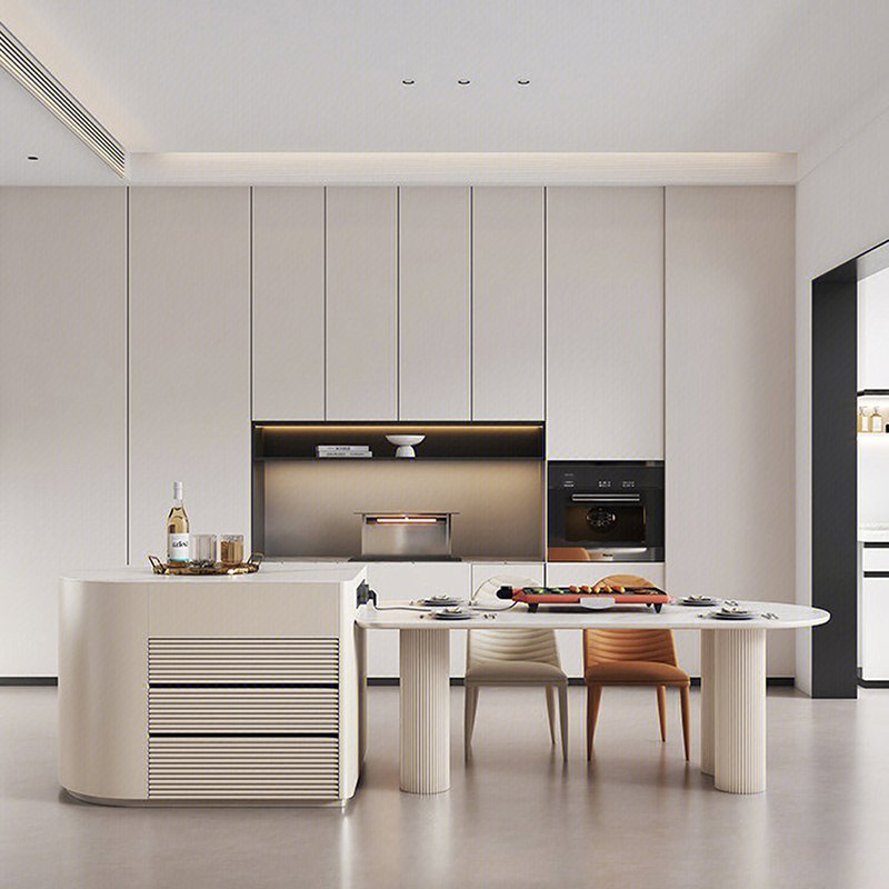 China Light Grey Kitchen Cupboard Lacquer Kitchen Furniture Island Modern Wholesale Kitchen Cabinet Sets Storage Island Table Design