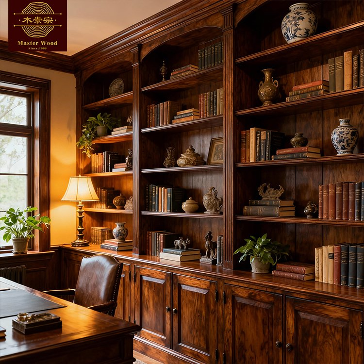 Custom Dark Walnut Solid Wooden Vintage Luxury with Carved Top, Glass Door &amp; Open Shelves Cabinet Storage for Study Room Whole House Customization - Bookcase