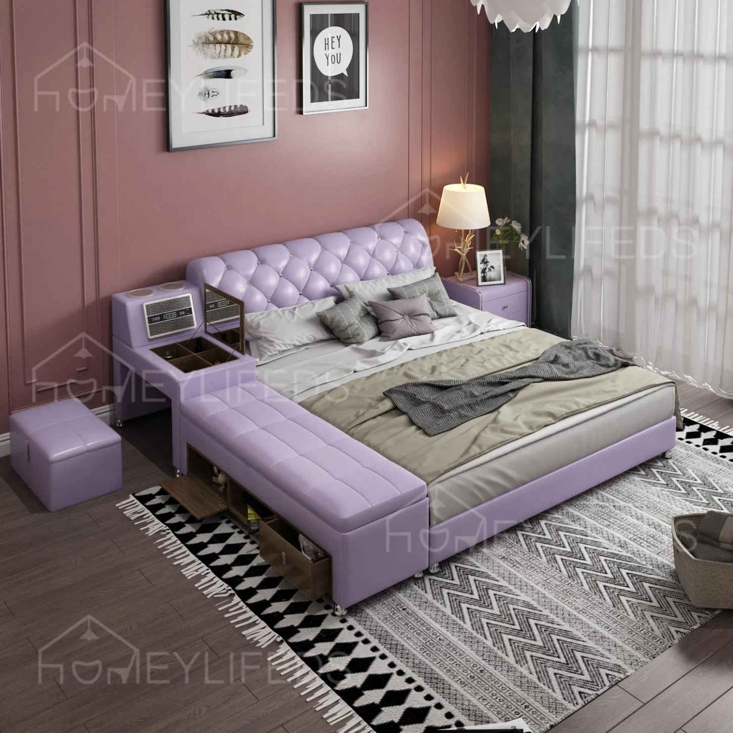 Hot Sale Luxury Leather Smart Bed Multifunctional Bed Tatami King Size Platform Upholstered Fabric Soft Bed Storage Music Speaker