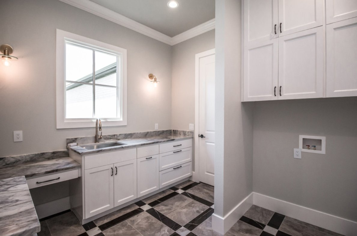 Laundry Room Classic White Shaker with Black Pull Open Shelf L-Shaped Laundry Cabinets