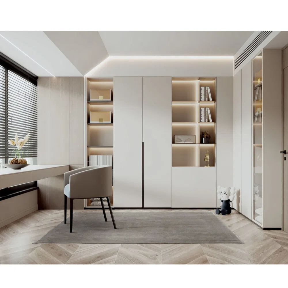 Modern White Study Room Pet Door Panel Bookcase Glass Door LED Light Strip