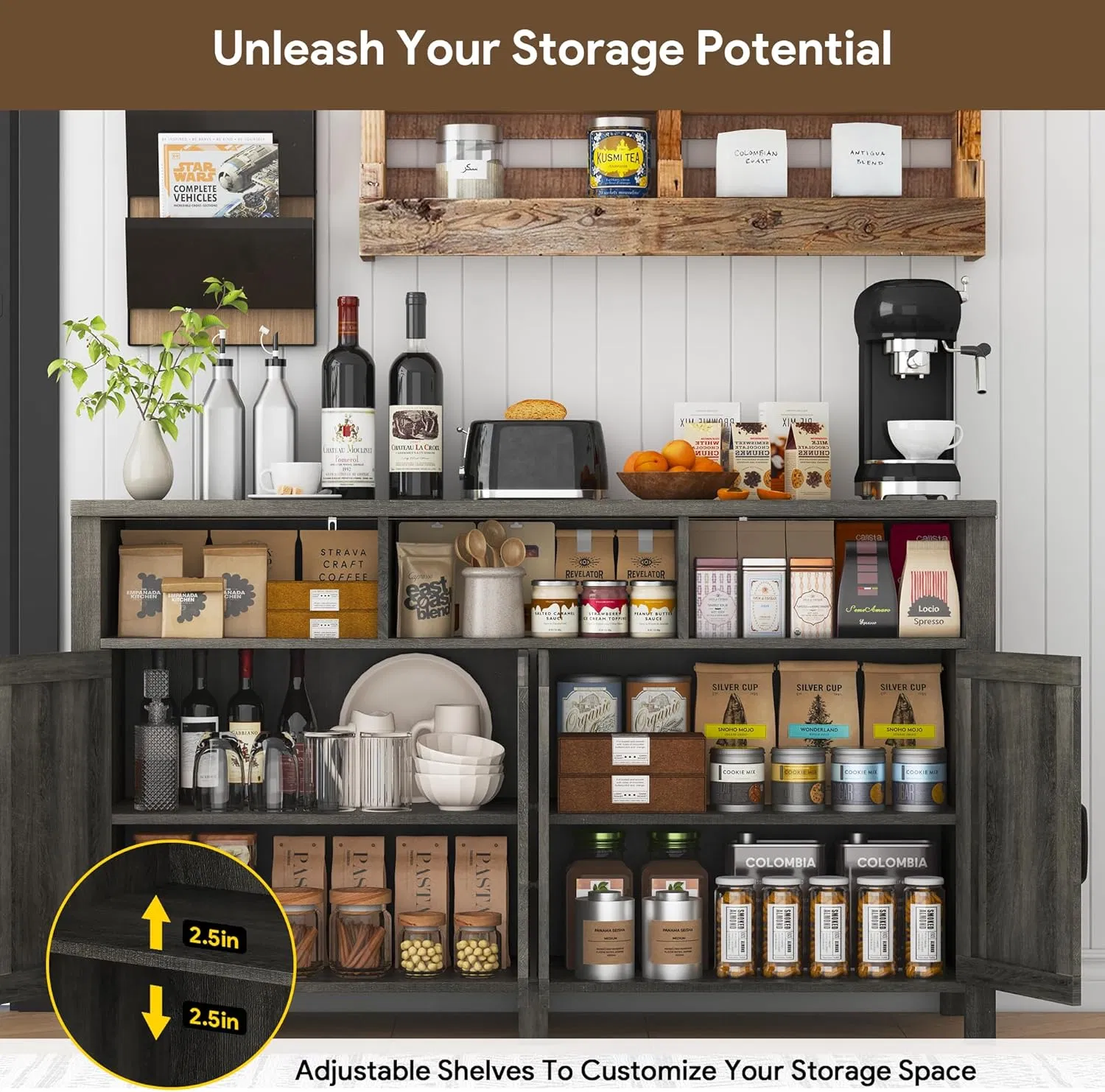 Dining Room Storage Sideboard with Adjustable RGB Lights, Built-in Charging Station and Barn Doors