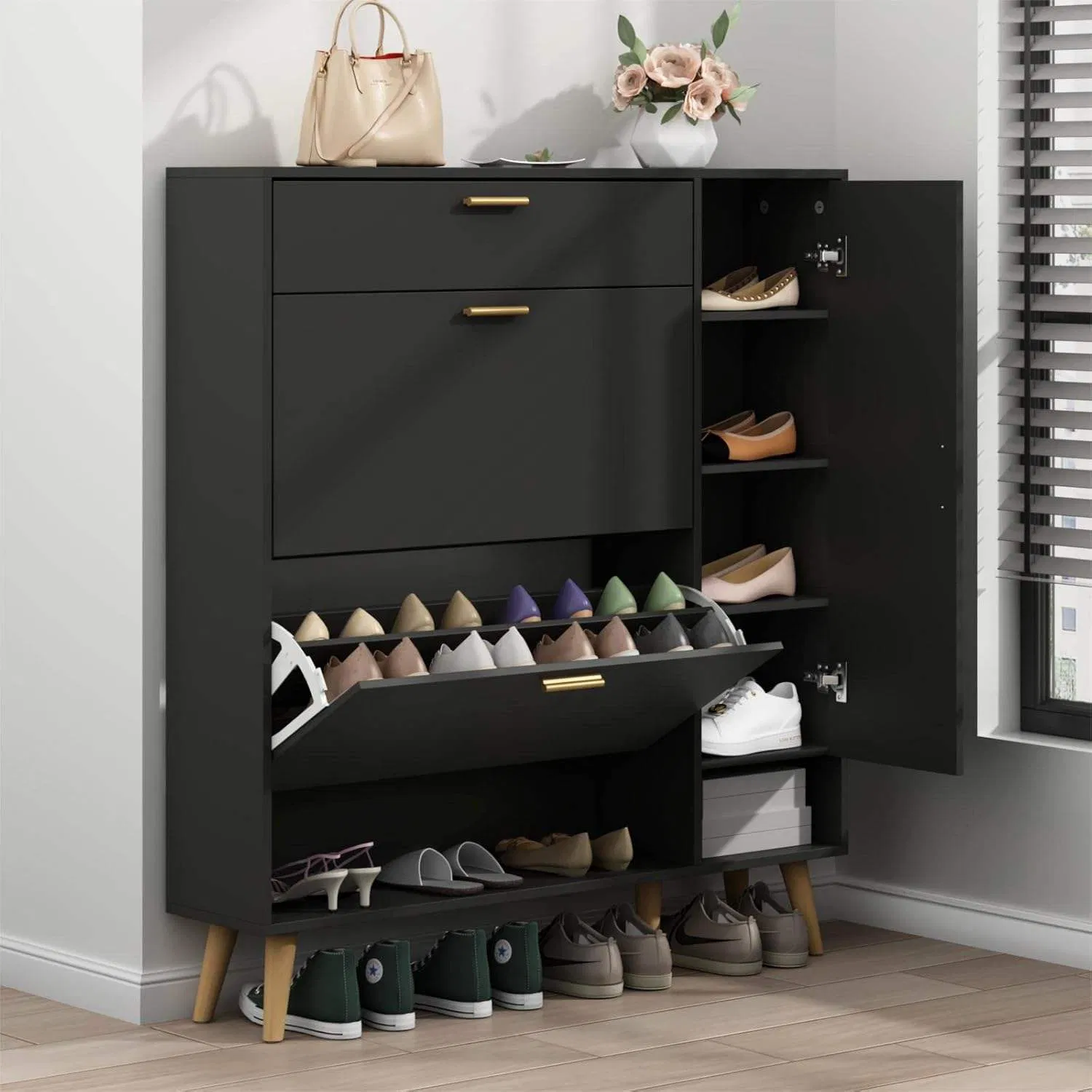 European Modern Shoe Cabinet - Elegant Wooden Shoe Rack with 4 Drawers