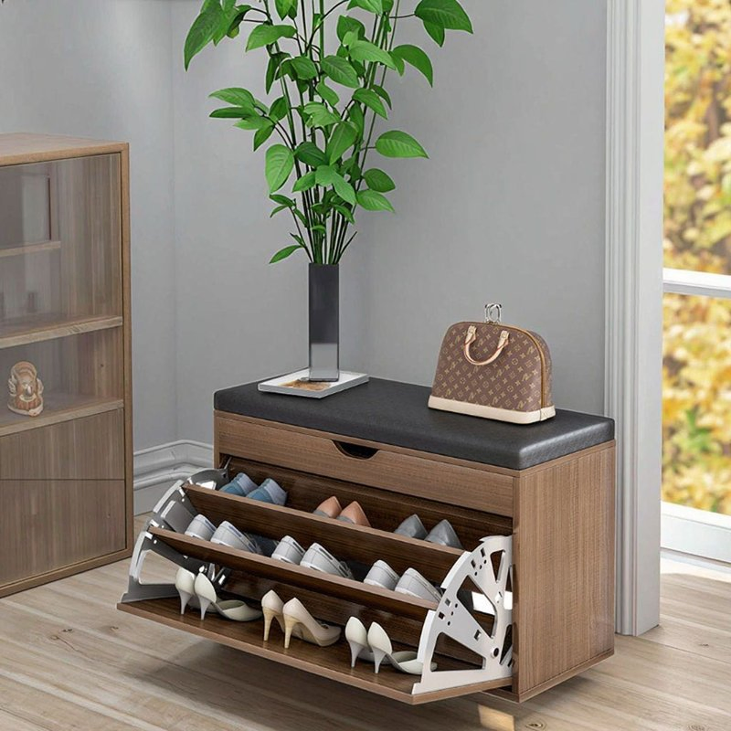 Modern Wooden Shoe Rack Shoe Cabinet Small Shoe Storage Bench with Soft Seat Cushion