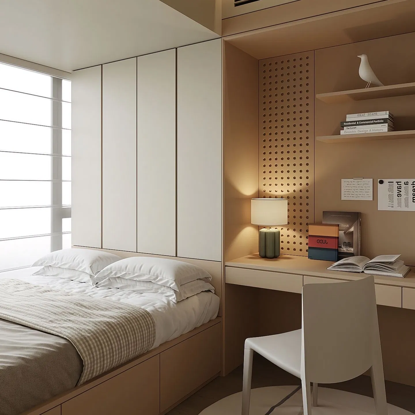 Small Bedroom Storage with Desk, Log Simple Style, Wooden Frame, Natural Material, Comfortable Custom-Designed Wooden Tatami Bed