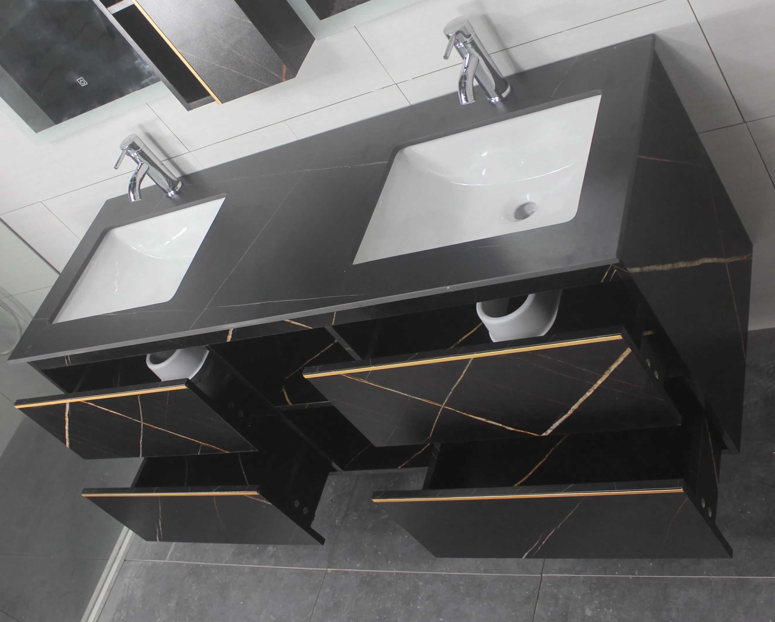 2024 New Arrival Modern Gray Sintered Stone Bathroom Vanity LED Mirror Cabinet Combo