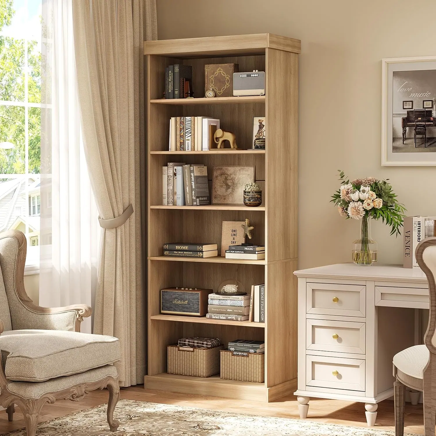 Farmhouse Large Storage Cabinet Display Bookcase with Glass Doors and Shelves