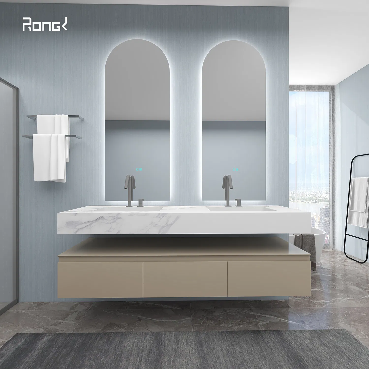 Wholesale Hotel Design Modern Wall Mounted Cabinet Furniture Ceramic Basin LED Mirror Bathroom Vanity Customized High Quality Sanitary Vanity Set