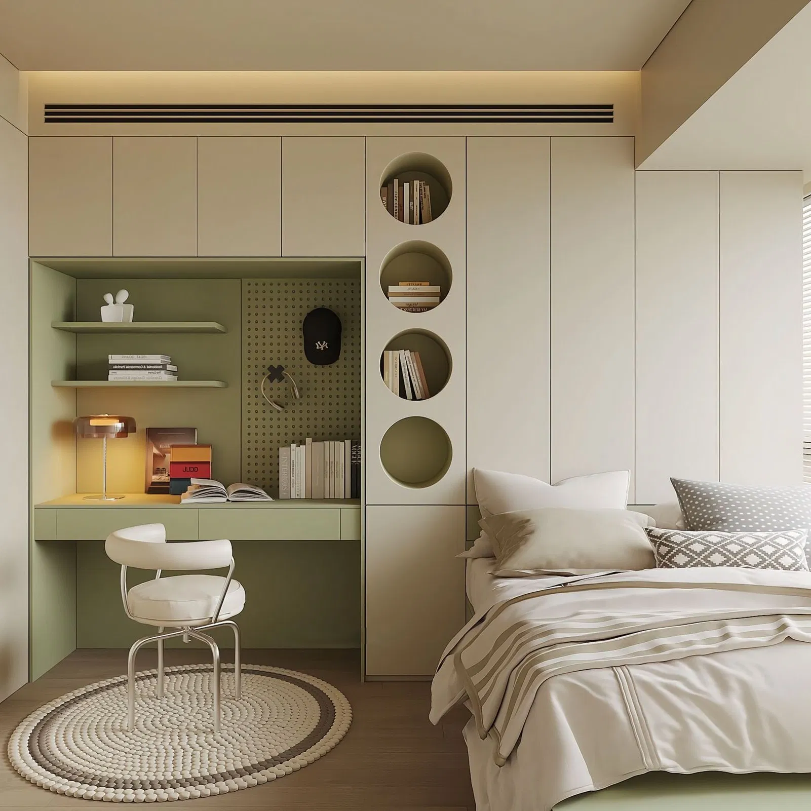 Modern Log Style Green Children's Room, Comfortable Large-Capacity Storage Space, Custom-Designed Wooden Tatami Bed