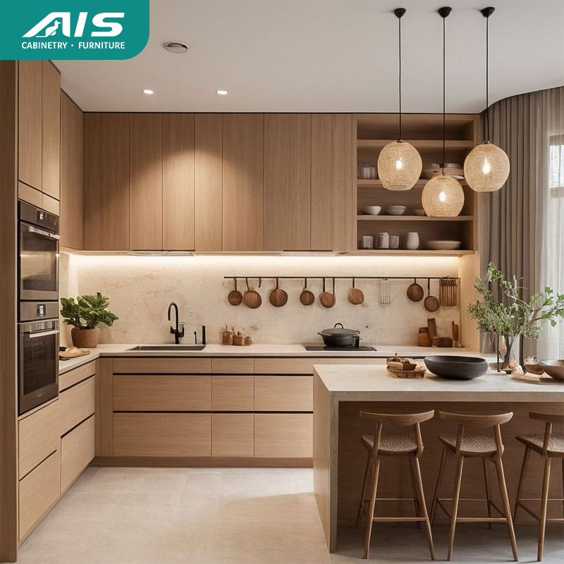AIS 2026 Modern Commercial Plywood Wood White Lacquer Kitchen Cabinets Manufacturers Custom Luxury Kitchen Furniture with Island for Villa