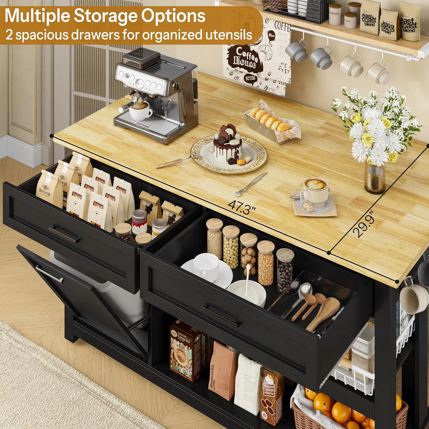 Industrial Style Freestanding Kitchen Center Island with Garbage Can Cabinet and Open Appliance Storage Shelf