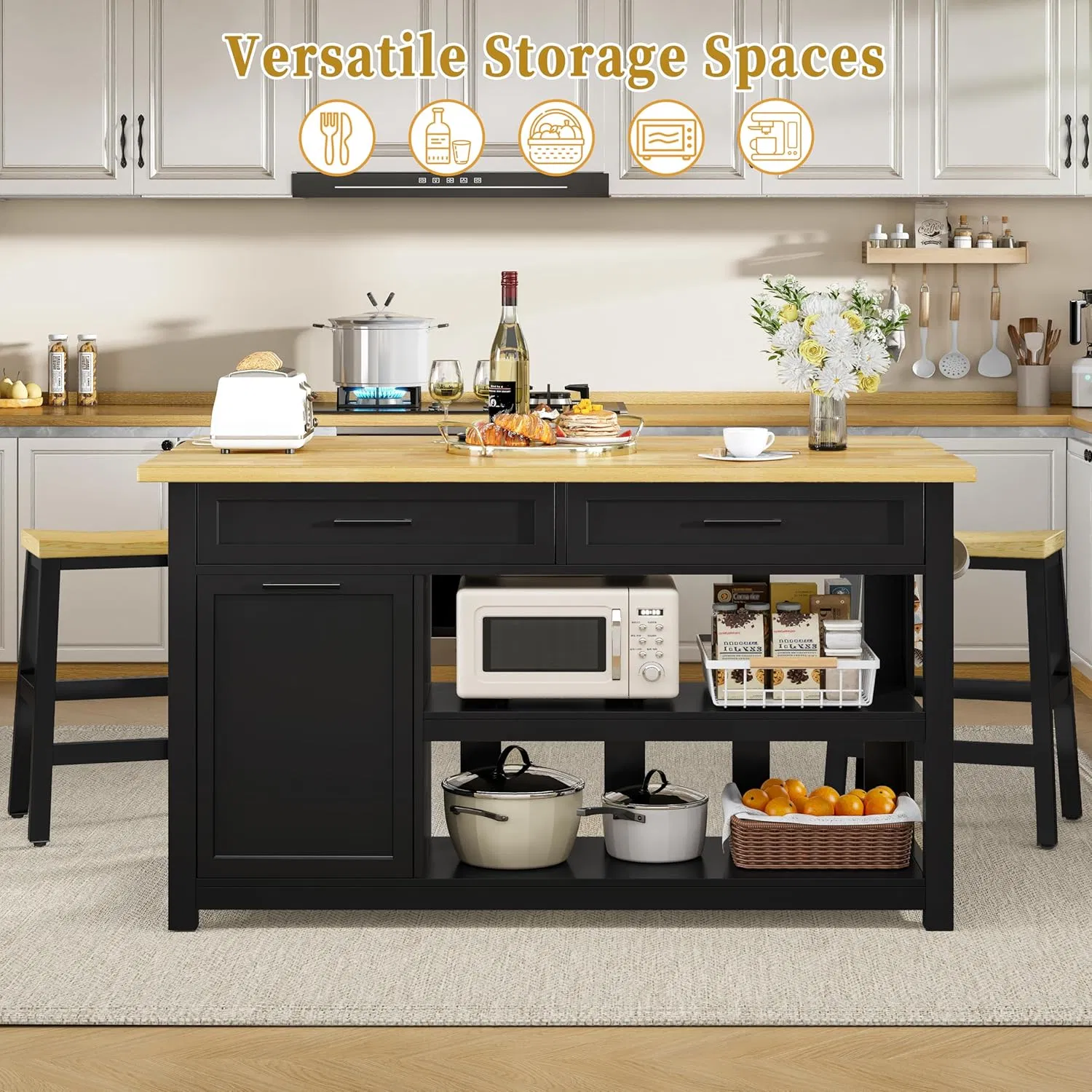 Industrial Style Freestanding Kitchen Center Island with Garbage Can Cabinet and Open Appliance Storage Shelf