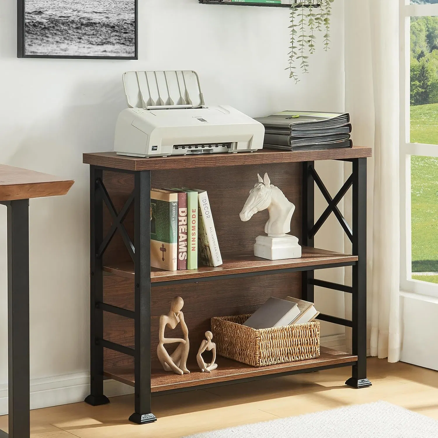 Industrial Metal Bookrack with Adjustable Bookshelf and Wooden Cabinet for Office Storage Bookcase