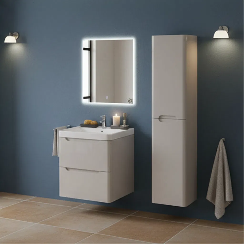 Tallboy Unit Storage Sanitary Ware Set Bath Furniture Bathroom Vanity Cabinet with Ceramic Wash Basin Sink for Faucet Lighted LED Mirror Made in China