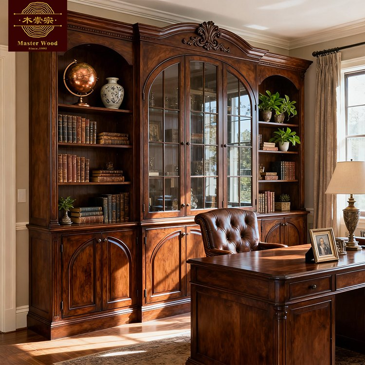 Custom Dark Walnut Solid Wooden Vintage Luxury with Carved Top, Glass Door &amp; Open Shelves Cabinet Storage for Study Room Whole House Customization - Bookcase
