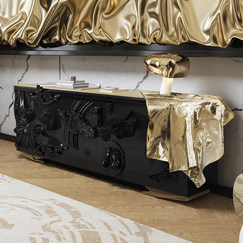 China Foshan Furniture Manufacturer Italian Brand Modern Minimalist Luxury Voltaire Black Sideboard Affordable Price