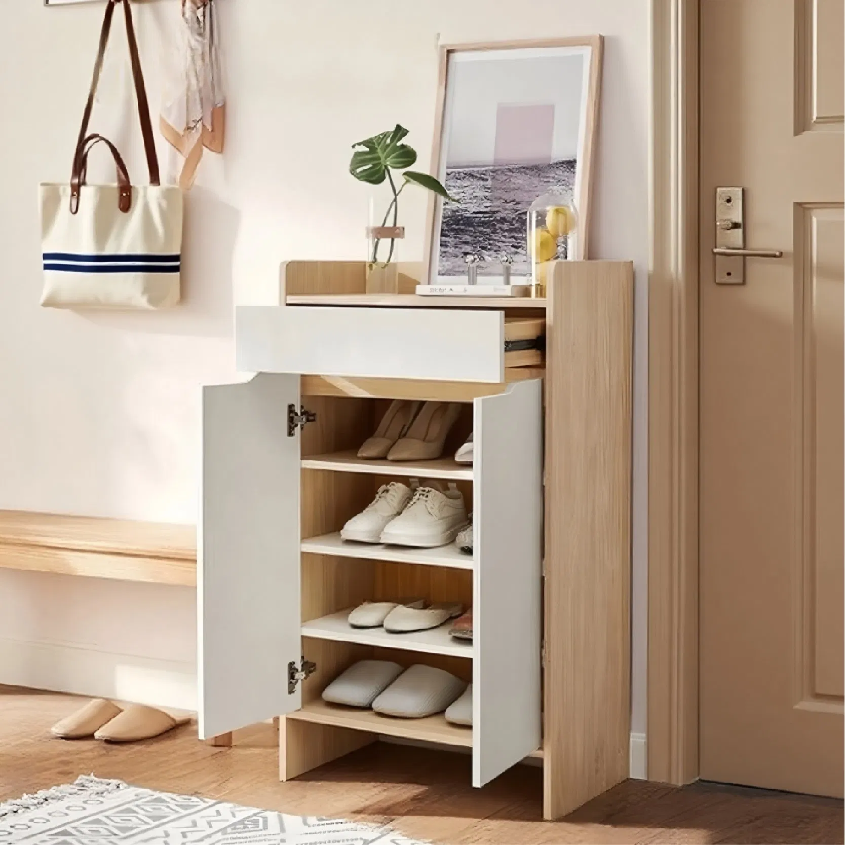 Minimalist Design Double Door Entrance Hall Wooden Furniture Shoe Cabinet