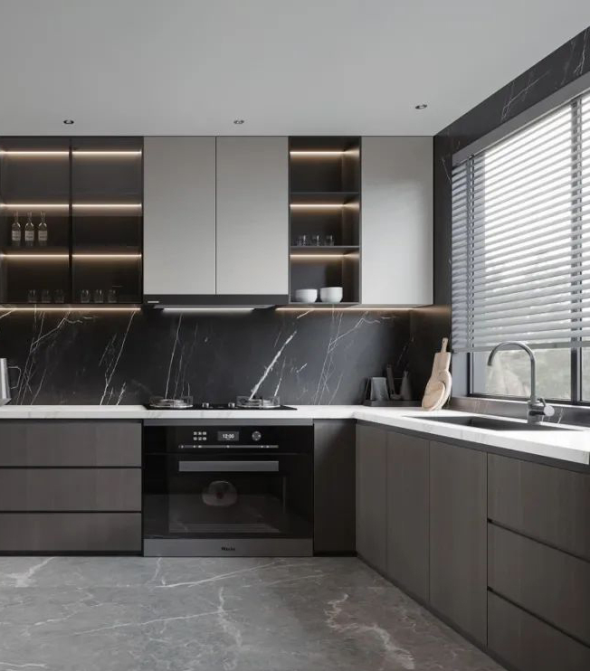 Two-Tangle Style Lacquer Wooden Grain Mixture Kitchen Cabinets with Free CAD Design