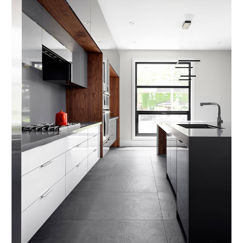 Grey High Gloss Lacquer Kitchen Cupboard and Wooden Island with Modern Design