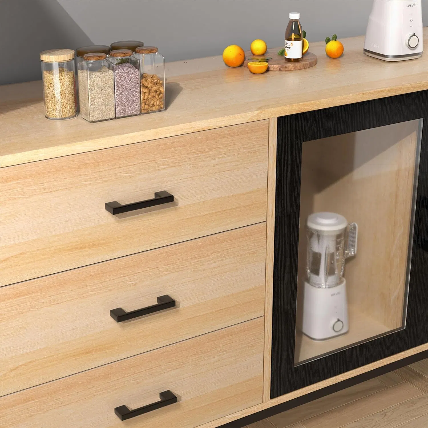 Multifunctional Modern Buffet Storage Cabinet with Glass Doors Coffee Bar Cabinet Solid Wood Sideboard