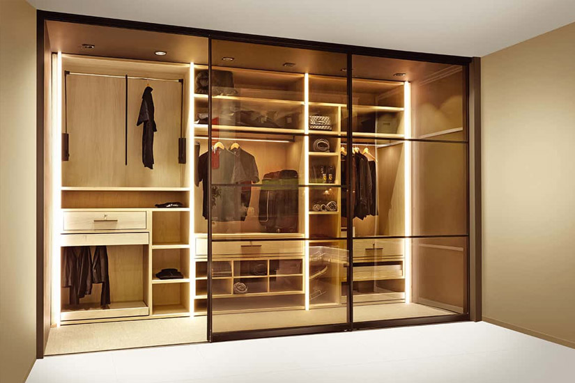 Customized Built in Storage Closets Furniture Systems Design Modern Bedroom Aluminum Frame Glass Door Walkin Wardrobe Closet Set for Sale