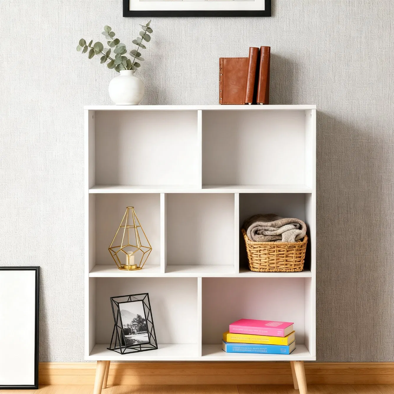Wooden Display Open Storage Shelves Bookcase Boo Square White Frame 3 Tiers Back Leaning Bookshelf
