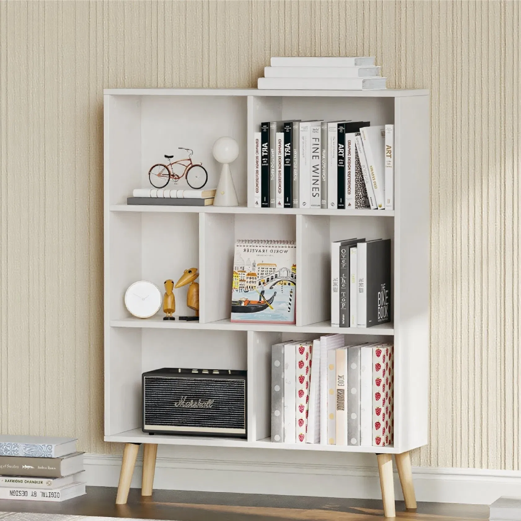 Wooden Display Open Storage Shelves Bookcase Boo Square White Frame 3 Tiers Back Leaning Bookshelf